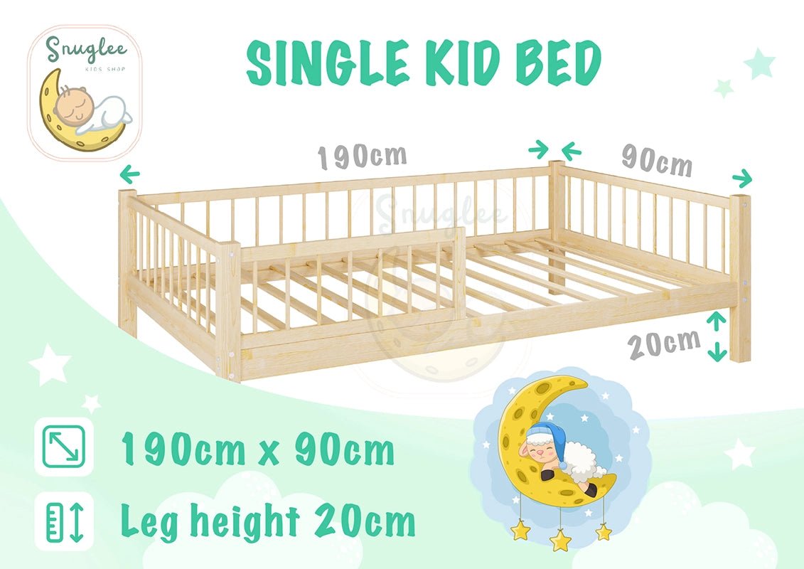 Montessori Wooden Kids Bed with 20cm Legs – Single - Snuglee