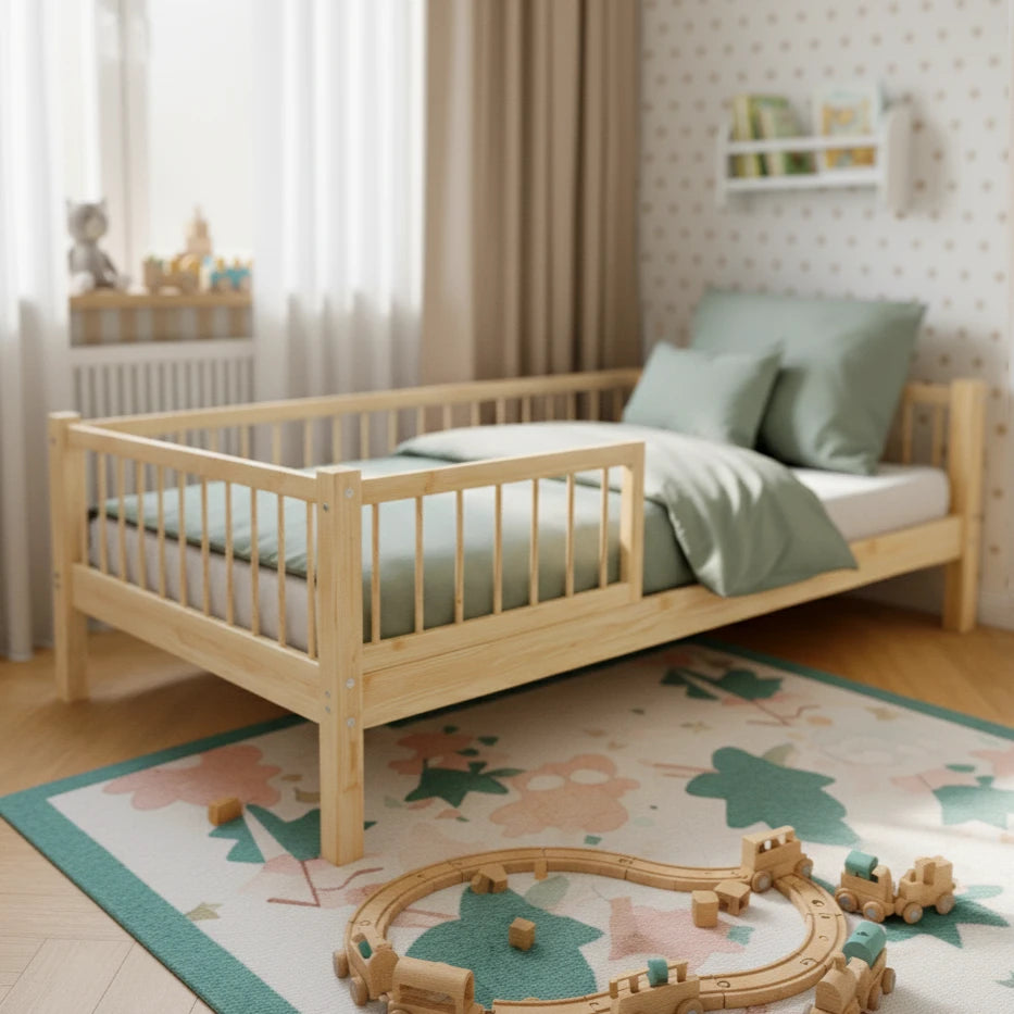 Child-friendly toddler bed frame in solid pine wood with safe low height design