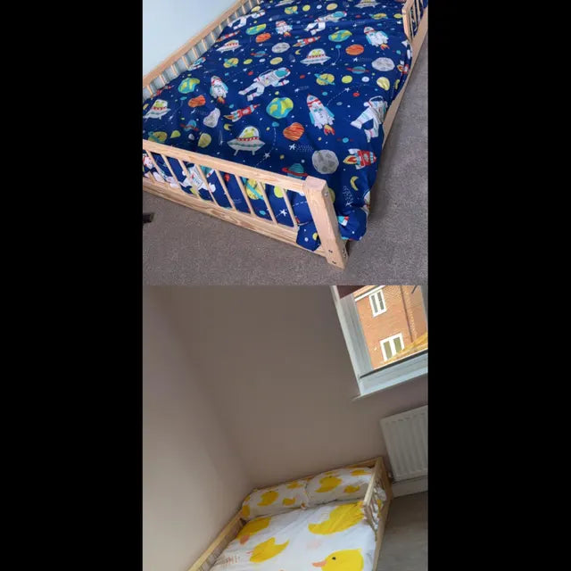 Customer review image of Snuglee bed demonstrating space-saving dimensions