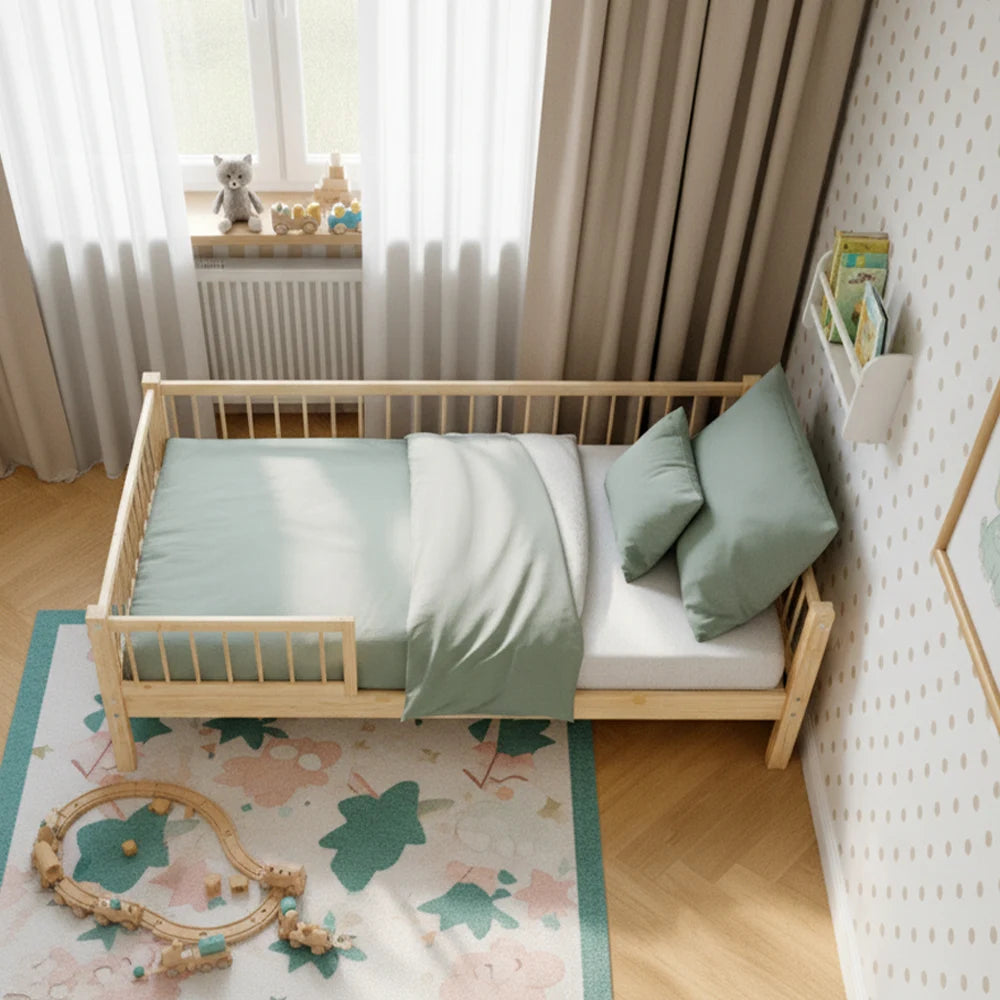 Eco-friendly toddler bed frame in solid pine wood with natural finish