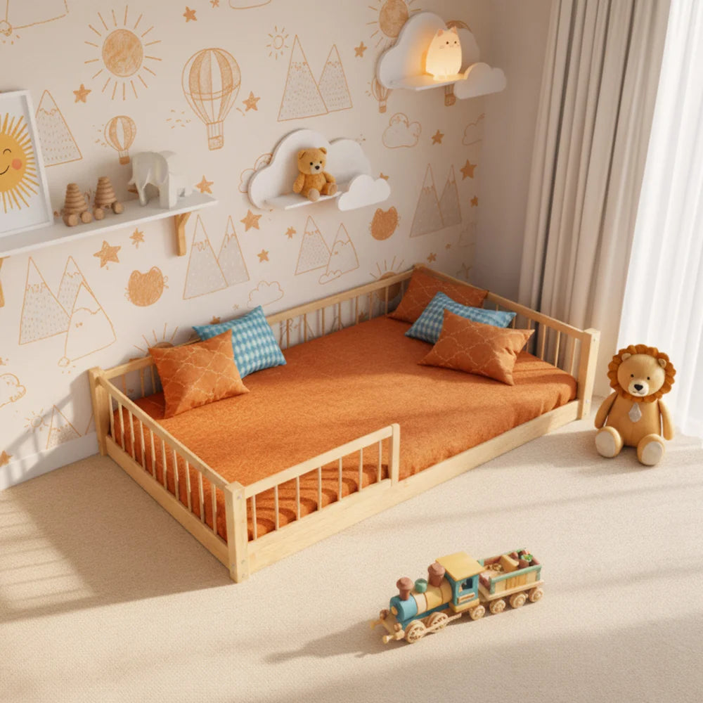 High-quality knot-free pine wood bed for children’s sleeping comfort - Single bed