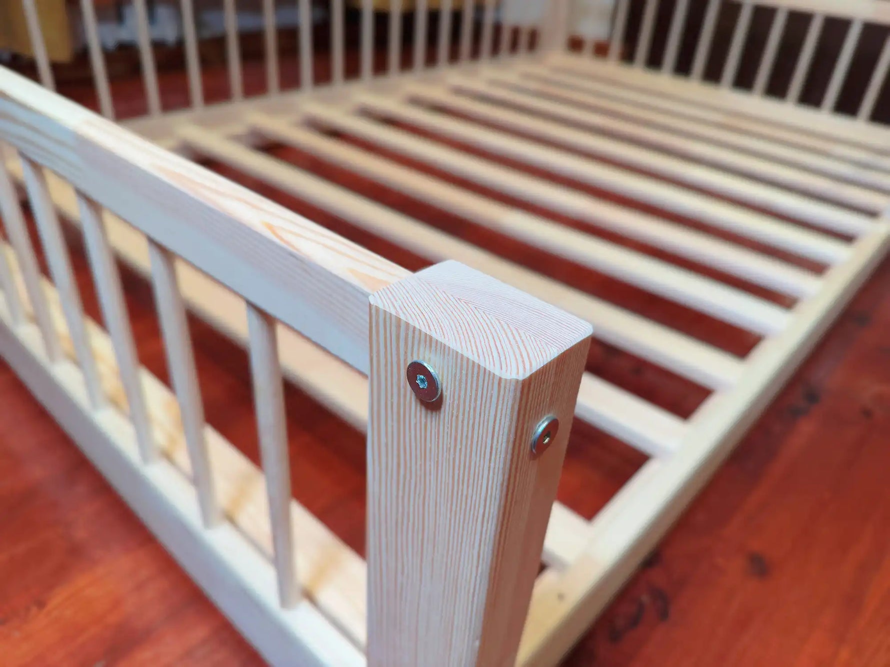 Kids toddler bed frame in solid pine wood with child-safe rounded edges