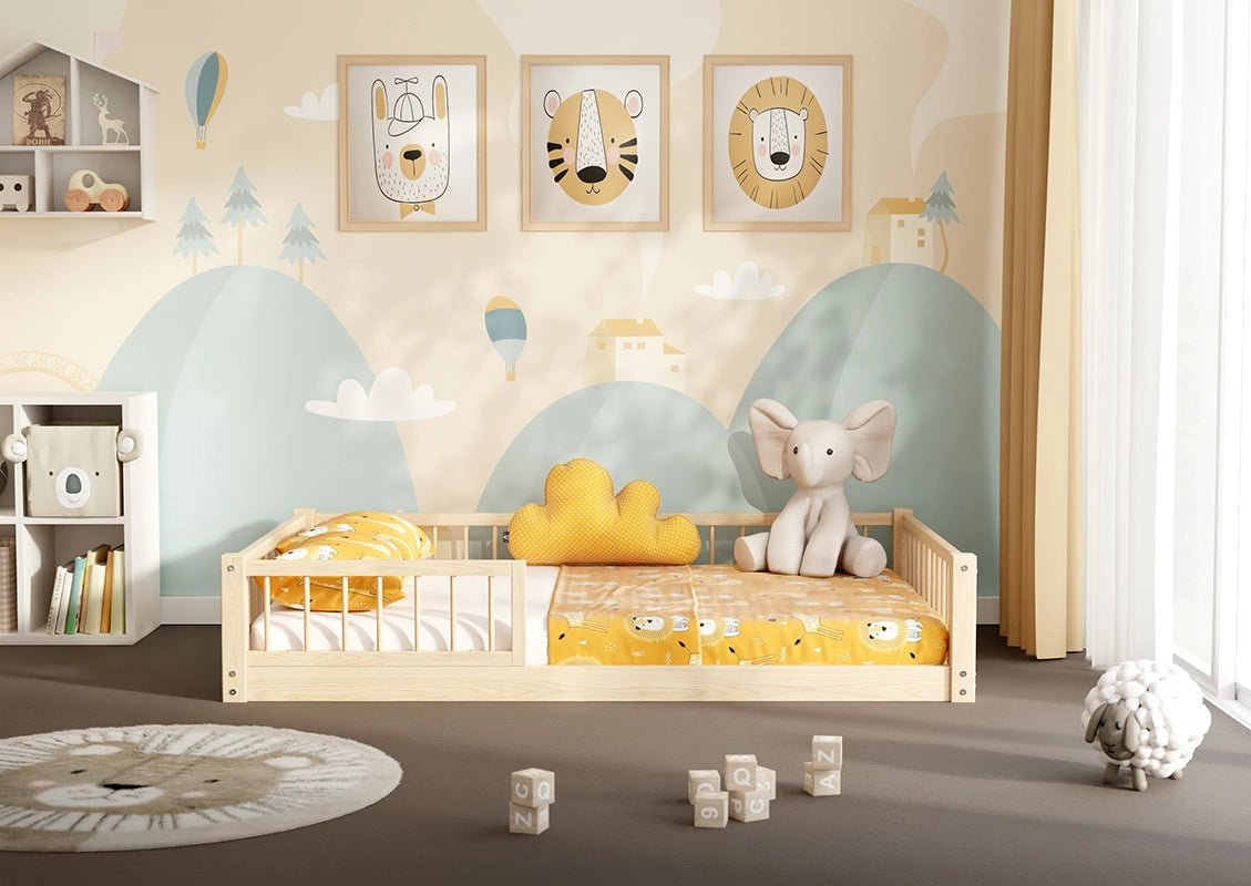 Low Montessori bed frame made from eco-friendly pine wood material - Double floor bed