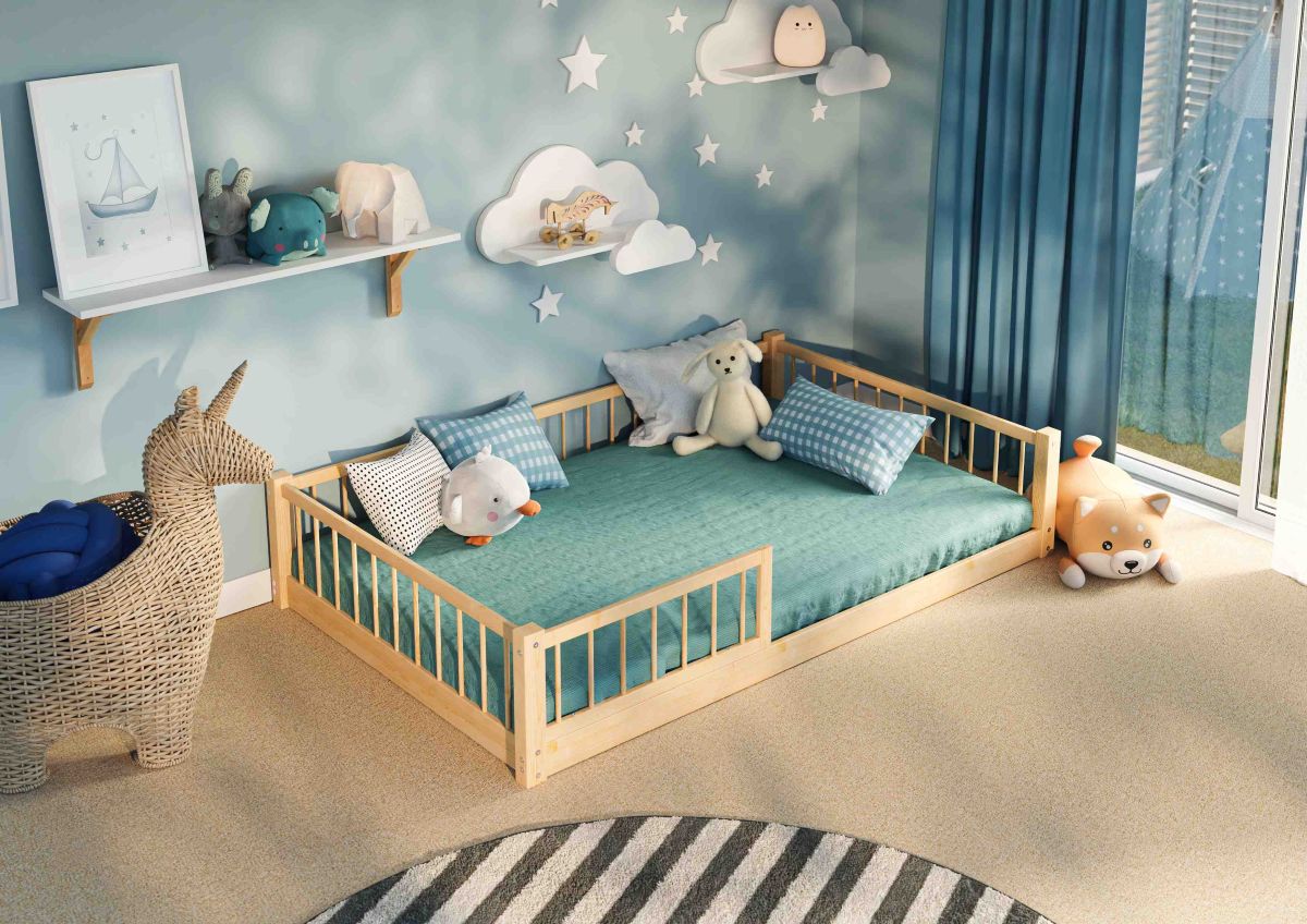 Montessori floor kids bed made from solid knot-free pine wood for independent sleep