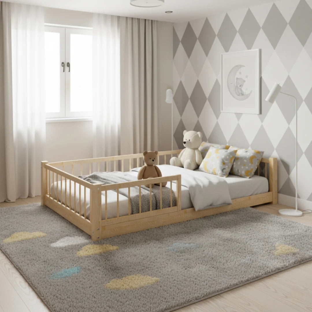 Montessori floor toddler bed frame made from solid pine wood for kids
