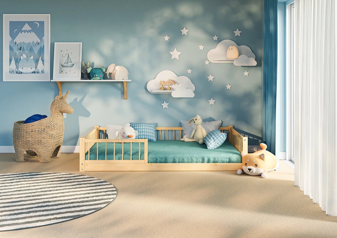 Montessori kids bed made from solid knot-free pine wood for independent sleep - single