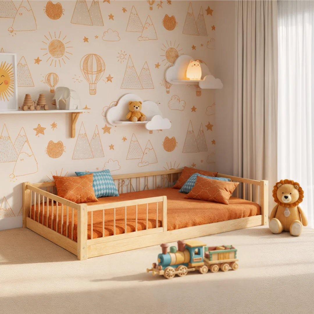 Natural solid wood bed for toddlers in calm nursery bedroom setup