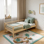 Natural toddler bed frame in solid pine wood designed for durability