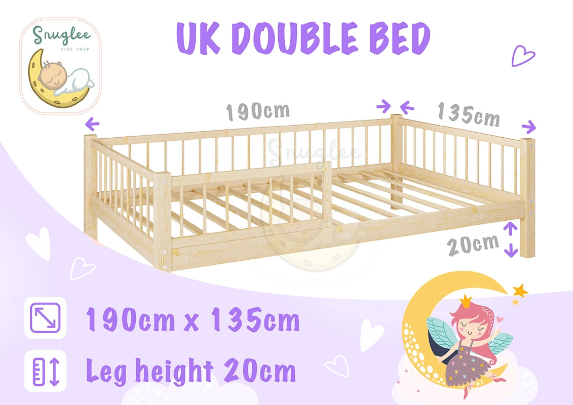 Premium pine wood double bed with wide and supportive dimensions