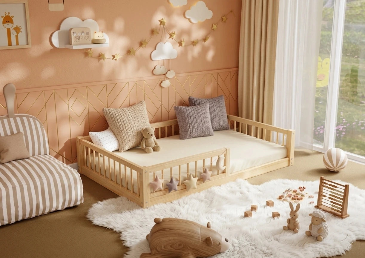 Scandinavian toddler bed frame in solid pine wood with clean design - Girls bed