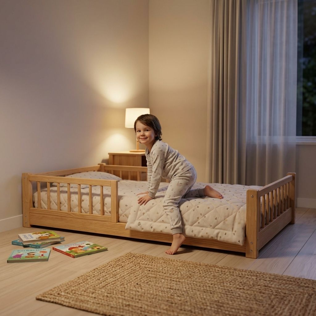 Child climbing into a low Montessori floor bed on their own at bedtime