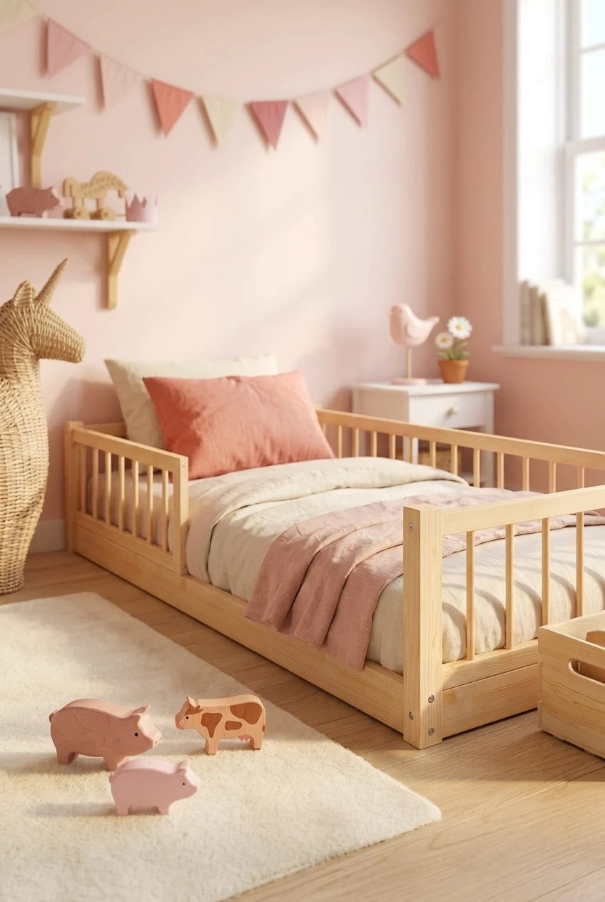 A light natural wood toddler bed with safety rails, styled in a cosy children's bedroom with pink walls, a white nightstand, and a plush rug.