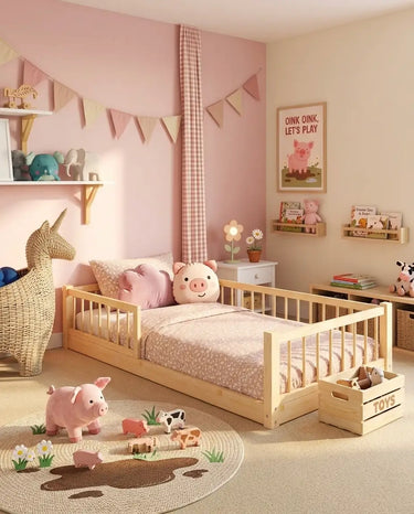A light natural wood toddler bed with safety rails, styled in a cosy children's bedroom with pink walls, a pink-and-white checkered curtain, and playful pig-themed toys and decor.